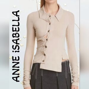 Anne Isabella Beige Asymmetrical Womens Shirt Sz S Button Front Long Sleeve